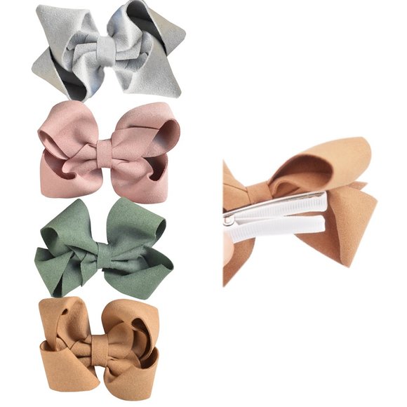 Set of 4 Faux Suede Bow Clips for Toddlers, Girls - Forest Color Combo - Picture 1 of 4